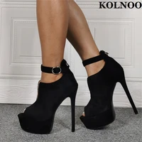 kolnoo new hot sale handmade womens high heel pumps v neck pee toe buckle ankle strap kid suede evening party fashion prom shoes