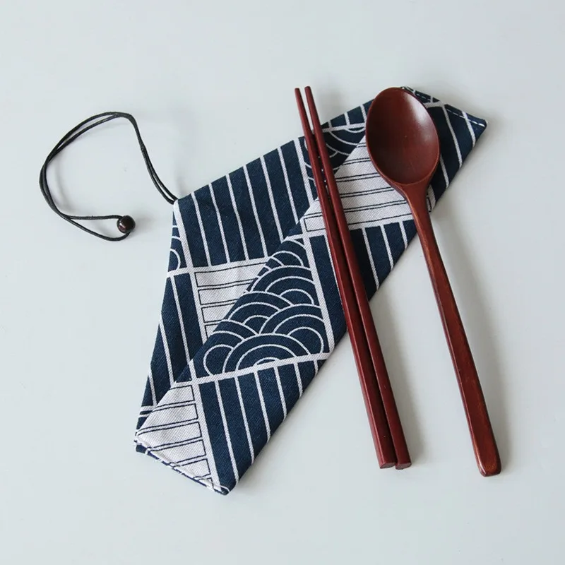 Сумка для хранения ложек и вилок в японском стиле, многоразовый дорожный уличный мешочек на шнурке для кухни, палочек для еды, столовой посу...