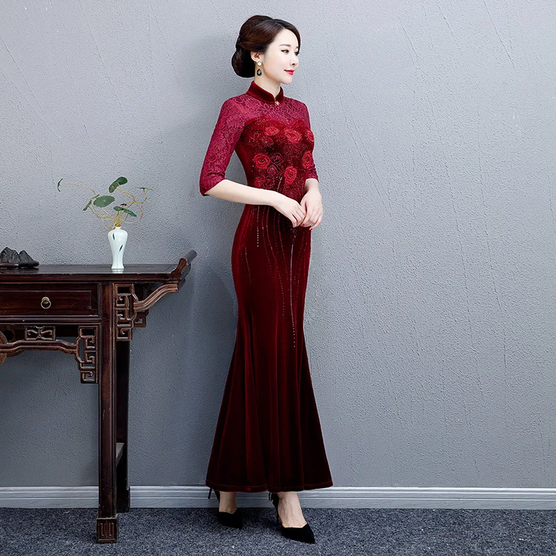 Осень/зима рыбий хвост юбка платье ретро, Национальный стиль мать cheongsam длинная Вышивка Горячая алмаз Улучшенный китайский платье