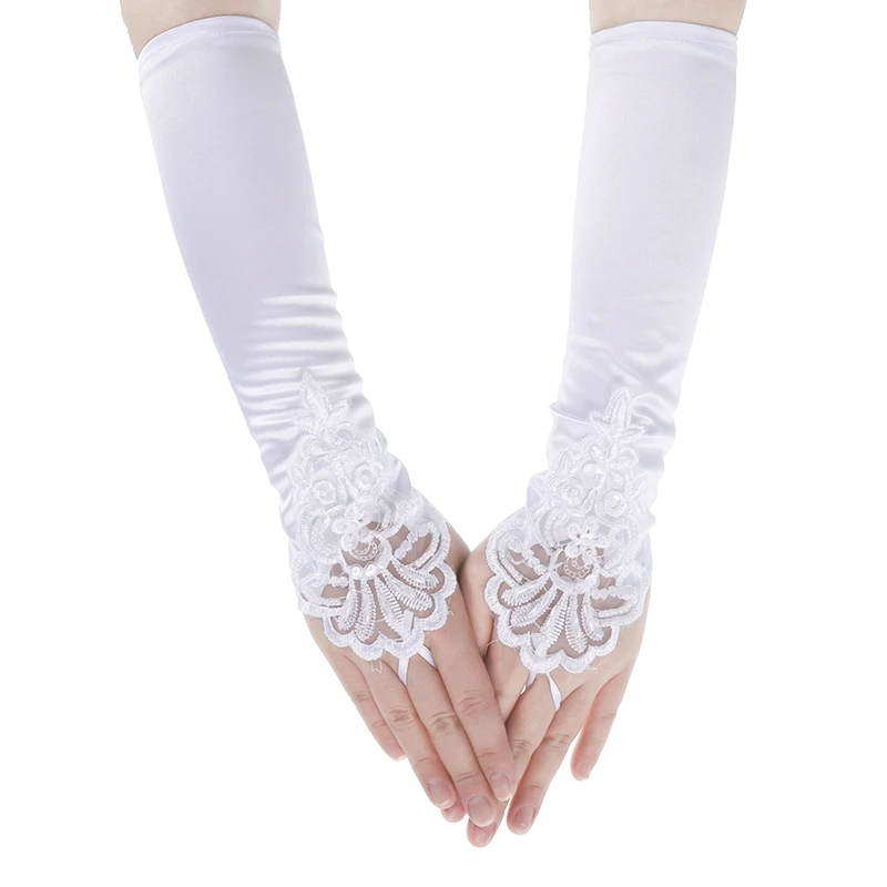 

Lady Lace Satin Fingerless White Embroidered Gloves with Evening Dress