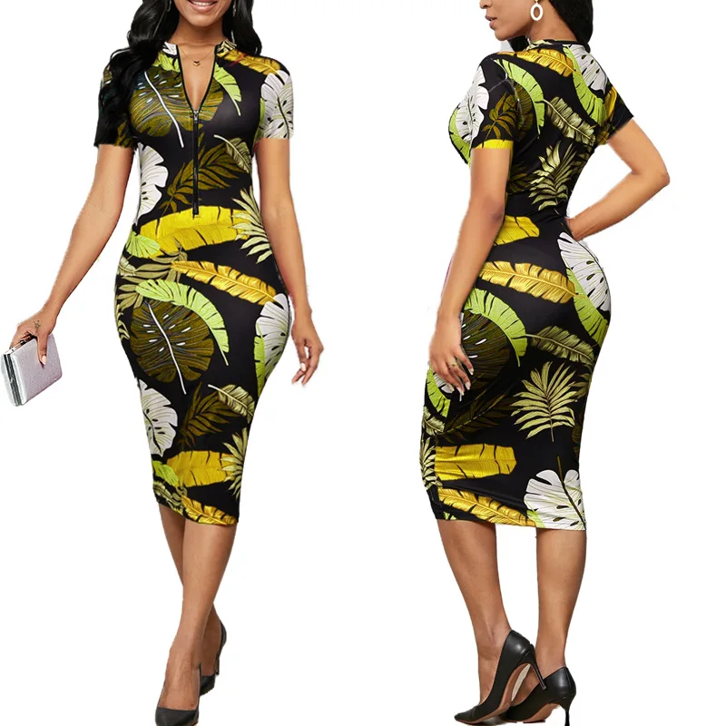 

3D Banana Leaf Print Summer Dresses 2021 Elegant Women V-Neck Zipper Bodycon Office Pencil Dress Short Sleeve Sexy Slim Dress