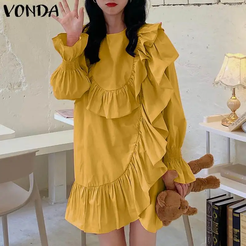 

Summer Beach Sundress 2022 VONDA Women Casual Flare Sleeve Loose Solid Long Sleeve Dress Bohemian Vestidos Femme Sundress S-
