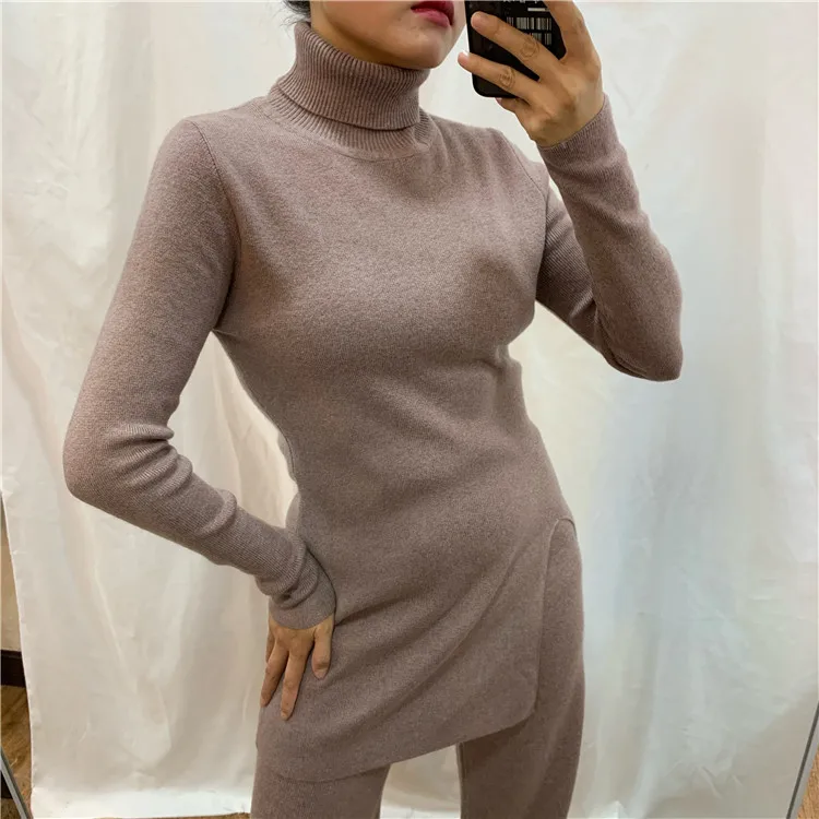

2020 Wool Promotion Cashmere Temperament High Neck Waist Trimming Solid Color Split Sweater And Wide Legs Pants 2 Piece Set