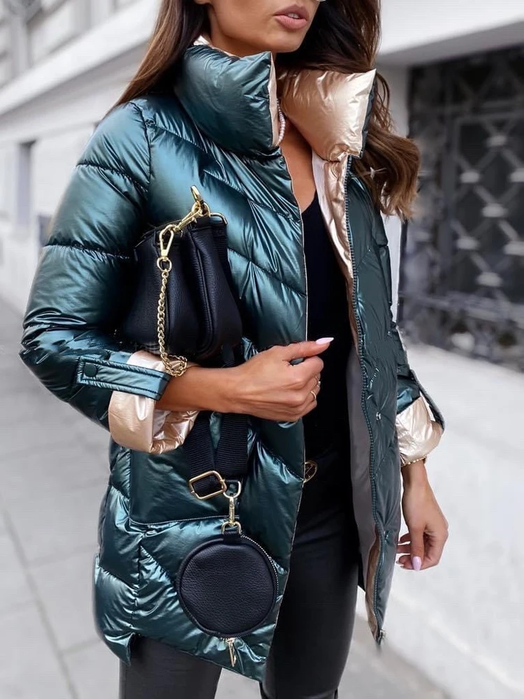2021 Women Oversized Winter Parka Cotton Padded Warm Coat Stand Collar Patchwork Jackets Female Outerwear Coats Puffer Jacket