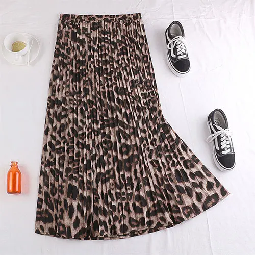 khaki leopard 88cm Женская длинная плиссированная юбка слеопардовым принтом TIGENA, юбкамакси свысокой талиейдляженщин - Цвет: khaki leopard