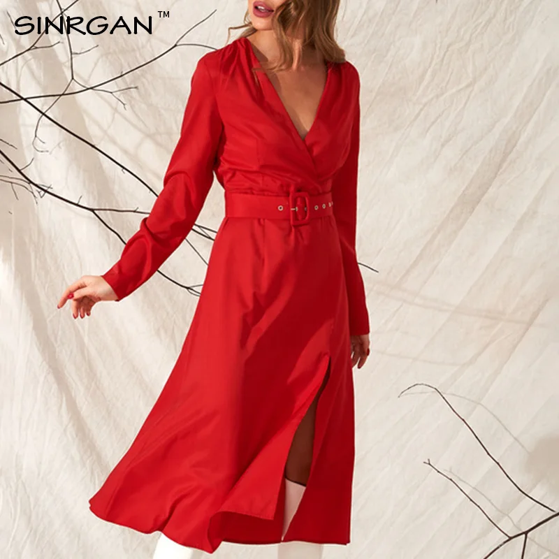SINRGAN Red Festive New Year Chilli Color Midi Dress Women Spring V Neck Christmas Holiday Long Dresses Female with Belt |