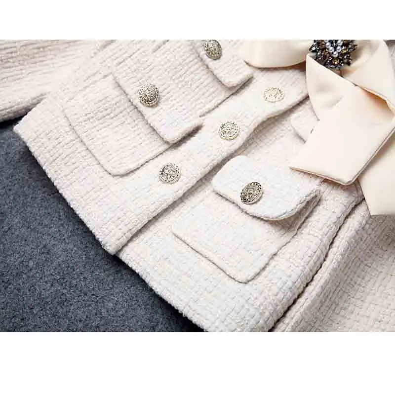 New Trendy Women Sets Sweet Coat Tweed Short Office Lady Bow Lace Up Letters Buttons Fashion Girls Tassels Mini Skirt Suits