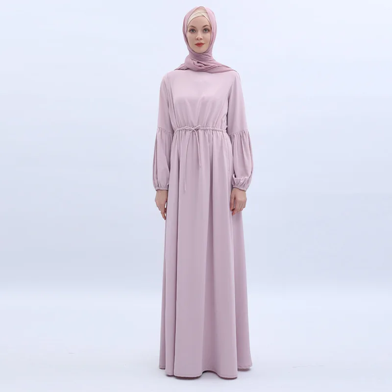 2022 New Solid Color Lantern Sleeves Elastic Cuffs Women'S Dress Muslimah Long Dress Student Dress