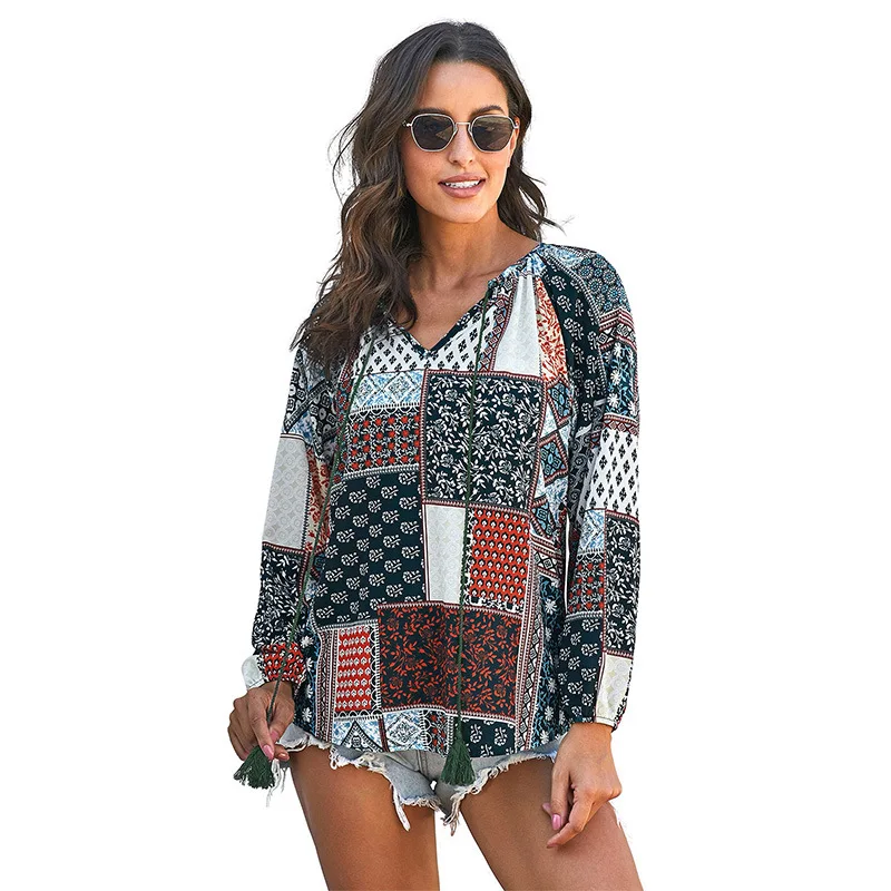 

Chiffon Shirt Women 2021 Spring/Summer Fashion New Style Printed Loose Drawstring v-Neck Lantern Long-Sleeved Blouse Lady Tops
