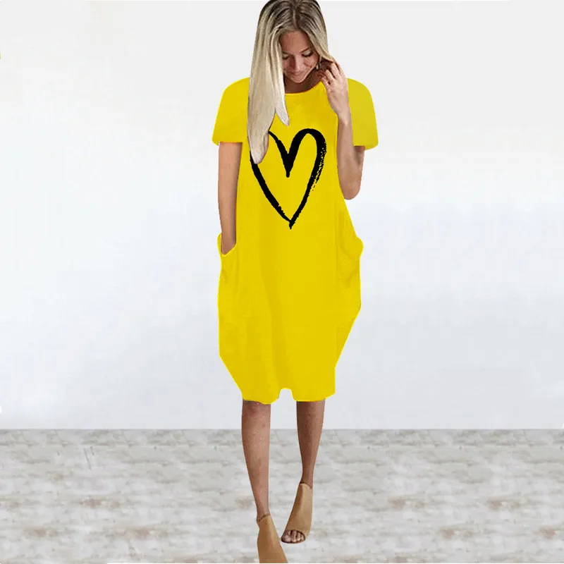 

Women Casual Loose Dress With Pockets Fashion O Neck Short Sleeve Love Print Long Tops Female Street Plus Size 5XL T-shirt Dress
