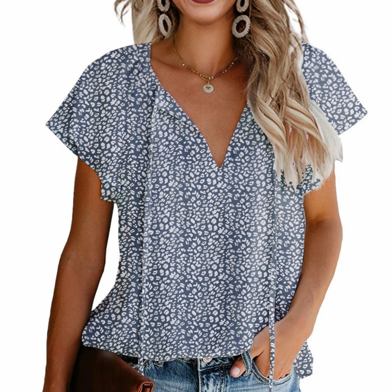 

Mandylandy Ladies Tshirts Top Summer Streetwear Thin Floral Casual Tshirts V-neck Chiffon Shirt Loose Simple Short Sleeve Tops