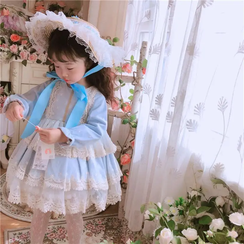 

2PCS Children Dress Baby Girl Spanish Lolita Ball Gowns Dresse For Blue Lace Velvet Clothes Girls Birthday Baptism Party Dresses