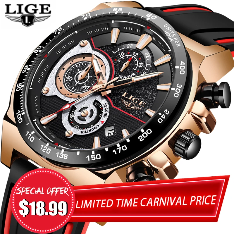 

Часы наручные LIGE мужские Кварцевые водонепроницаемые, брендовые Роскошные спортивные с квадратным циферблатом, с датой и отверстиями, 2021