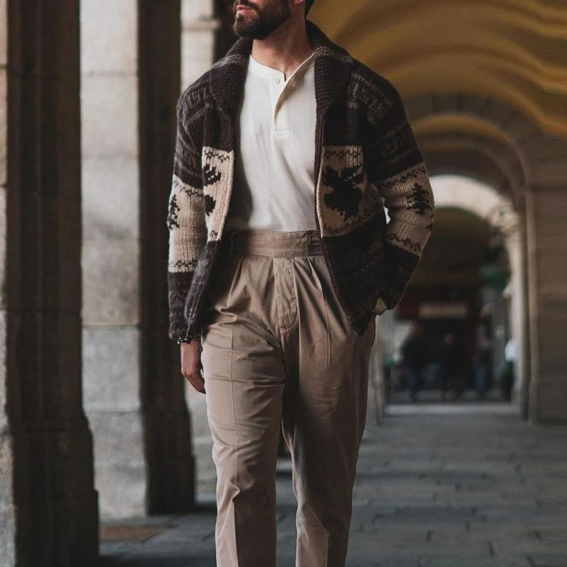 

Мужской трикотажный кардиган на молнии, с отложным воротником и длинным рукавом