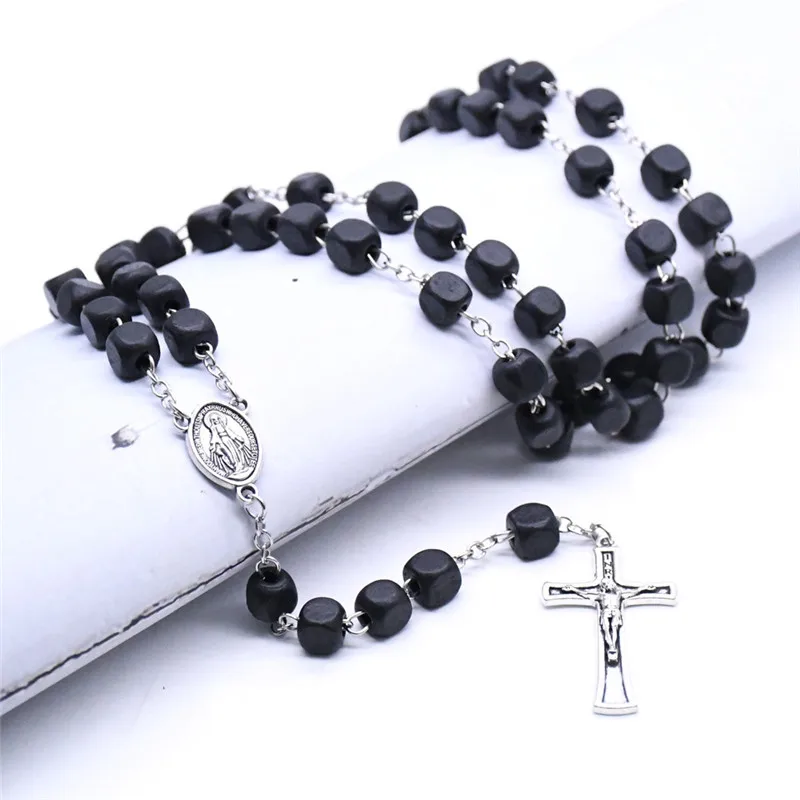 

Religious Cross Pendant Rosary Necklace Vintage Wood Beads Wedding Square Blessing Long Strand Black Chain Choker
