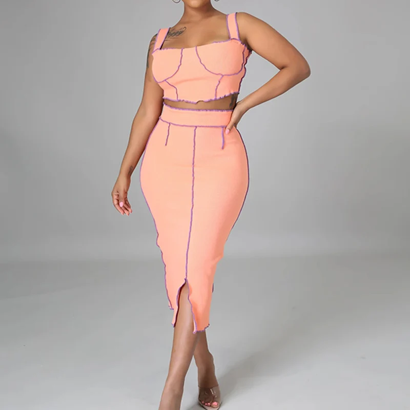 

Women Solid Color Two Piece Dress Set Spaghetti Strap Crop Top Bodycon Midi Skirt Suit Matching Set Ribbed Dress