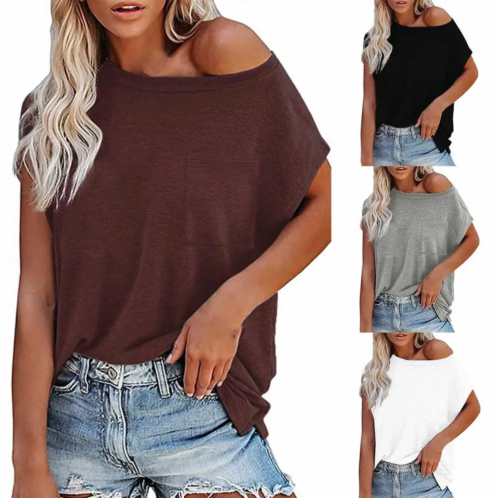 

50% Hot Sale Women Summer Solid Color O-neck Off Shoulder Short Sleeves T-shirt with Pocket