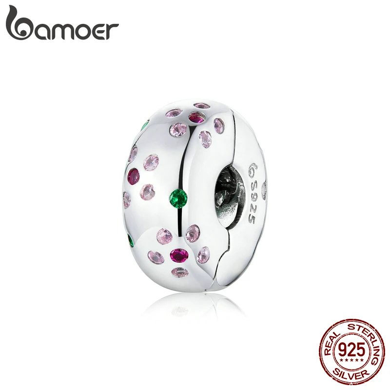 

bamoer Genuine 925 Stelring Silver Pink CZ Flower Clip Charm fit Original 3mm Bracelet for Women European Luxury Jewelry BSC245
