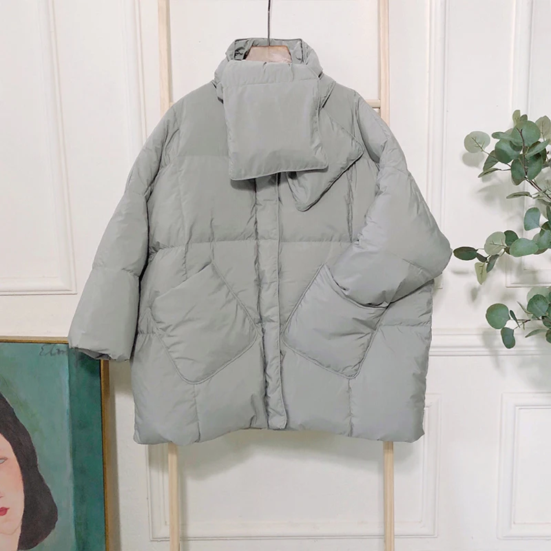 

2022 Winter Jacket Women Solid With Scarf Warm Female 90%White Duck Down Jacket Down Coat Loose Oversized Womens Long Down Parka