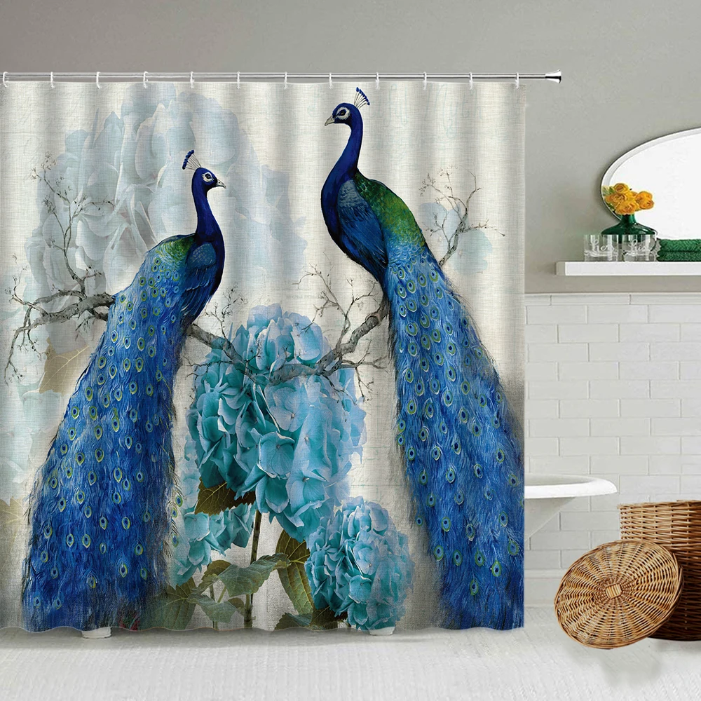 

Blue Peacocks Feather Pattern Shower Curtain Set Flower And Bird American Family Bathroom Bathtub Art Waterproof Cloth Curtains