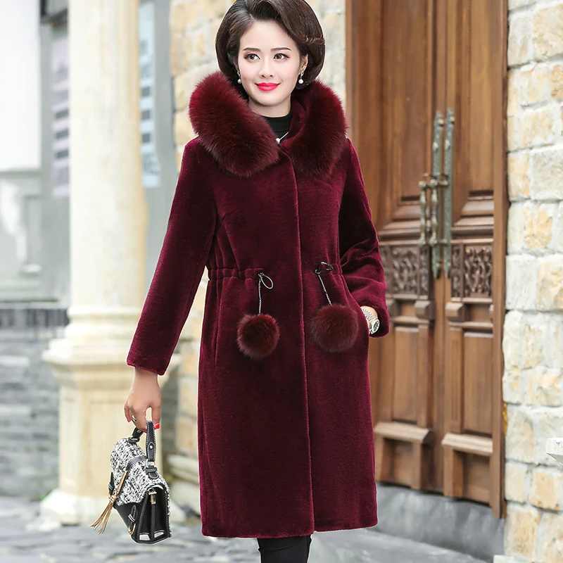 Winter Jacket Women Fashion Fox Fur Collar Winter Fur Coat Ladies Slim Long Windproof Warm Outerwear Sheep Shearing Hooded Coats