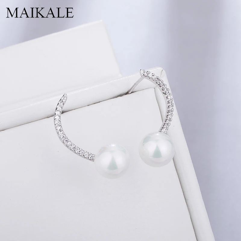 Женские серьги гвоздики MAIKALE корейские с жемчугом и кубическим цирконием медные