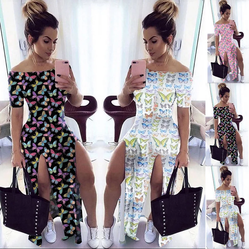 

Fashion Women Dresses Summer 2020 Sexy Off-Shoulder Butterfly Print Boho Beach Dress Short Sleeve Dress Sundress Robes Vestidos