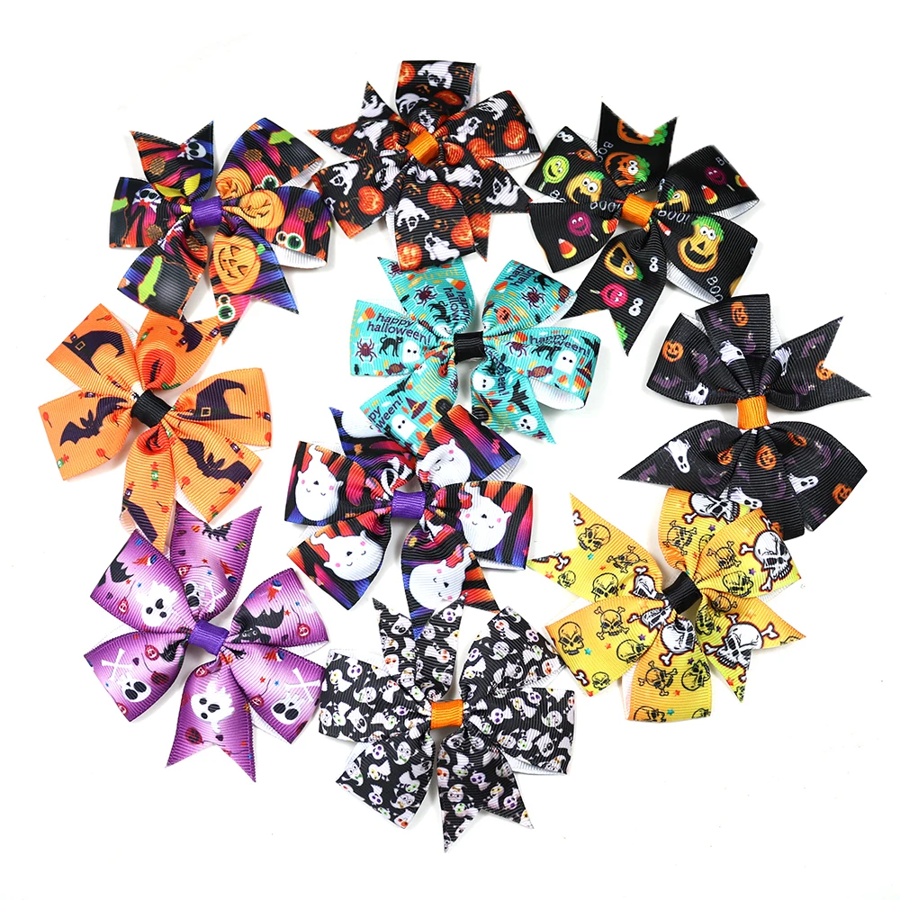 

10 Pcs Halloween Holiday Pet Grooming Big Size Bowknot Puppy Dog Hairpins Handmade Cute Dog Hair Accessories Dog Supplier