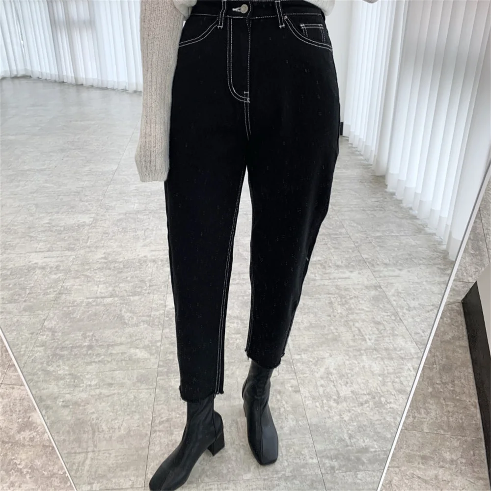 

HziriP 2021 черные повседневные популярные женские джинсы большого размера, стильные женские новые свободные брюки с высокой талией, летние бан...