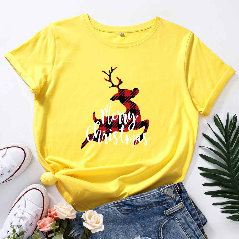 

Christmas Deer Print Cotton Tshirt Women Short Sleeve T-shirt Harajuku Oversized Graphic Tee Shirt Streetwear Ladies Loose Tops