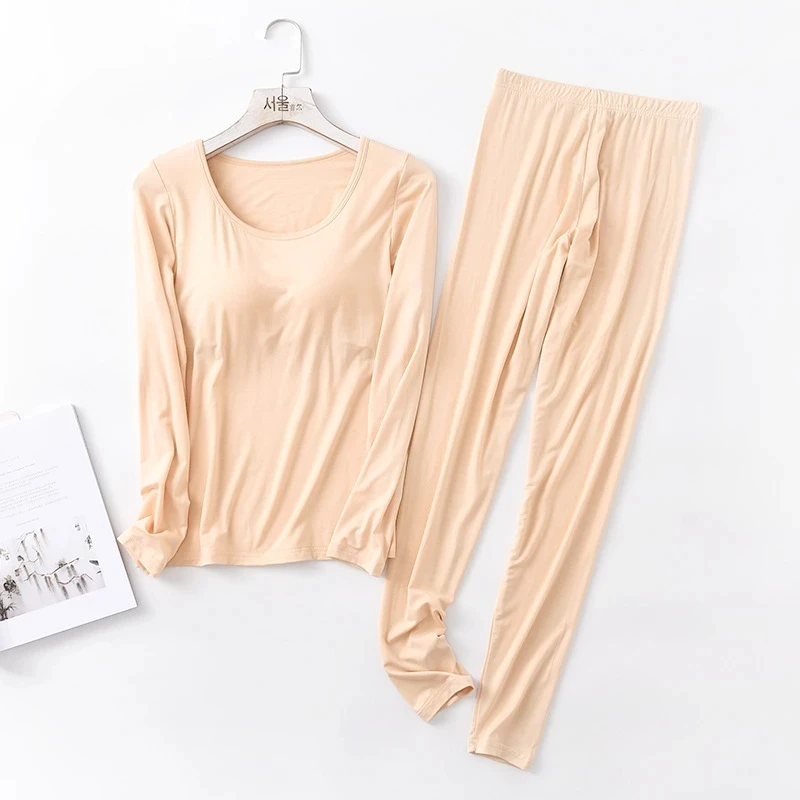 Autumn Winter Modal Pajamas Sets Women Padded Top Long Sleeve O-neck T-Shirt All Match Tee Long Johns Bra-T Homewear