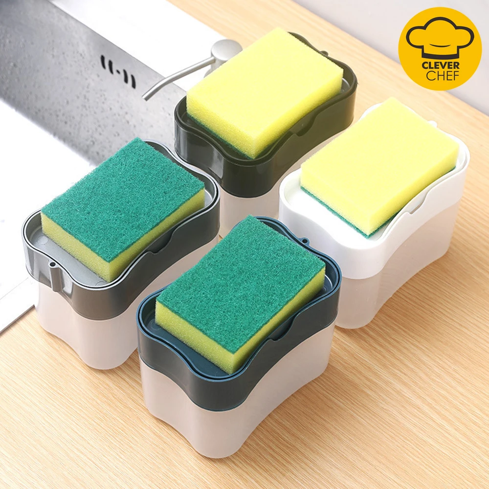 

2 in 1 Scrubbing Liquid Detergent Dispenser Press-type Liquid Soap Box Pump Organizer with Sponge Kitchen Tool Bathroom Supplies