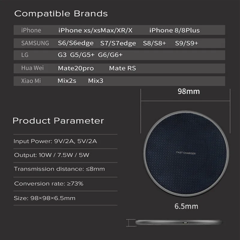 Wireless Charger for iPhone 11 pro XS Max X 8 Plus 10W Qi Fast Charging Pad Samsung Galaxy S10 S9 Note 9 | Мобильные телефоны и