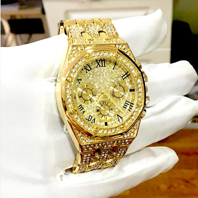

Men Watch Luxury Hiphop Punk Iced Out Watch Gold Diamond Rhinestone Watch for Men Quartz Wristwatch Relogio Naviforce Masculino