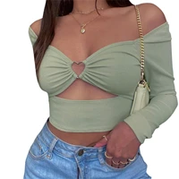 women clothing polyester casual crop tops solid color hollow out v neck long sleeve t shirts for party dating
