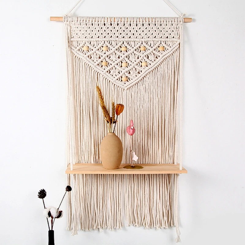 

900A Nordic Bohemian Long Tassel Tapestry Storage Rack Hand-woven Mural Wall Hanging Decorative Crafts for Living Room Natural