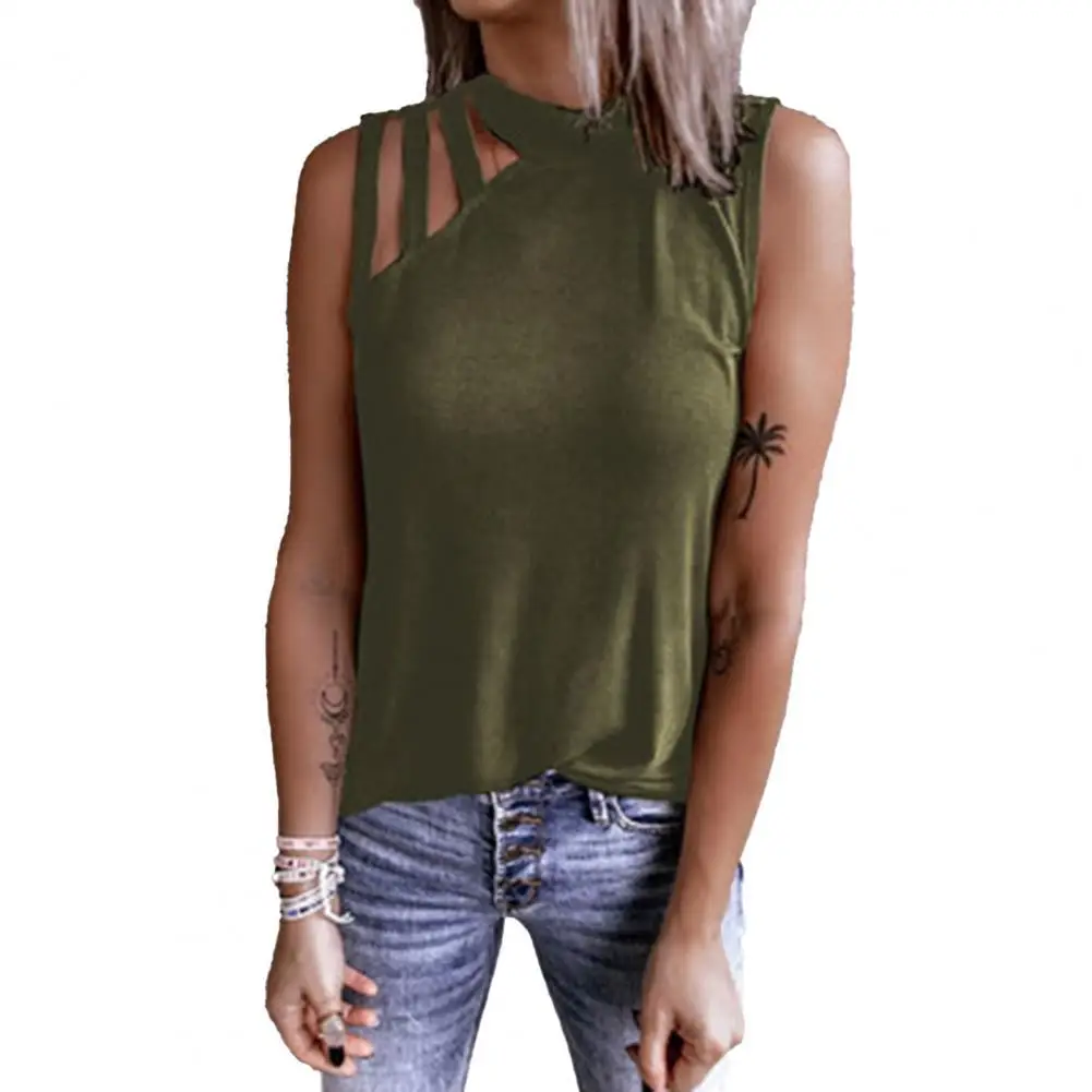 

Vest T-shirt skin-friendly Solid Color Hollow Out Shoulder Women Round Neck Sleeveless Top Comfortable to wear for Party