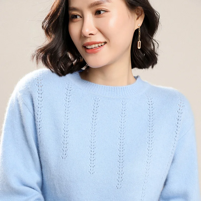 Женский свитер из норковой шерсти пуловер с круглым вырезом свободные рукавами в