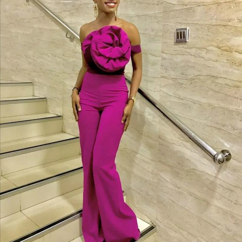 Женский розовый красный сексуальный комбинезон с открытыми плечами эластичный