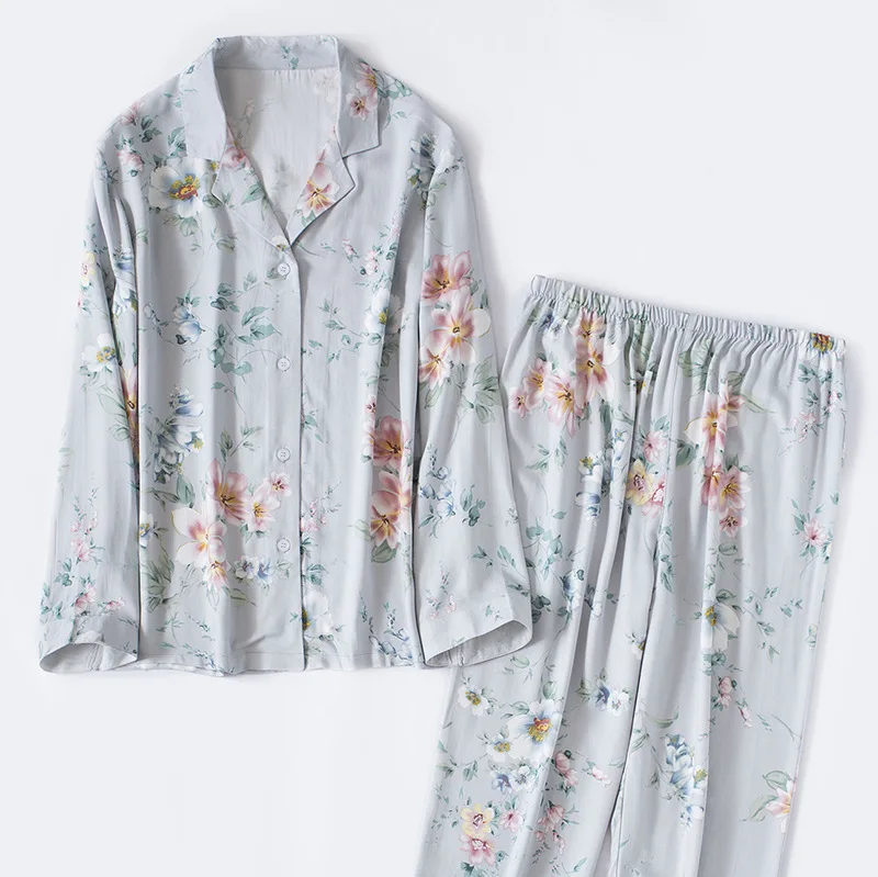 Хлопковая атласная пижама с цветочным принтом размера плюс на весну и осень