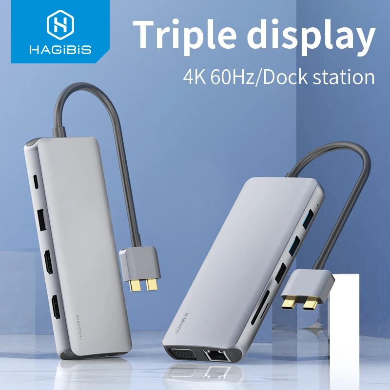 

Hagibis USB C HUB Type C to HDMI-Compatible VGA USB 3.0 RJ45 Audio PD SD/TF Adapter Triple Display Dock for MacBook Pro/Air 2020