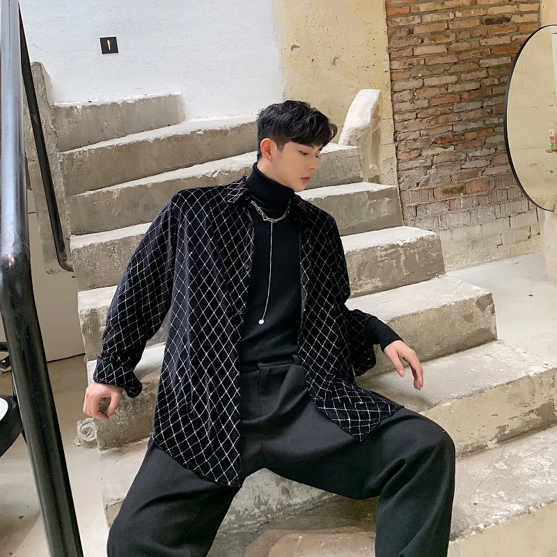 Мужской бархатный Блестящий клетчатый Свободный кардиган Повседневная рубашка