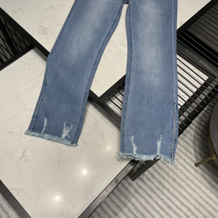 Luxury Brand Blue Jean Pants Women High Waist Light Wash Casual Jeans Bleached Chic Edged Split Slim Denim Pants 2021 Autumn