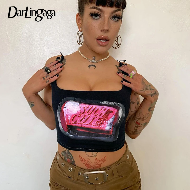 

Darlingaga Streetwear Gothic Grunge Printed Bodycon Tank Top Women Lace Up Dark Academia Crop Top Vest Sexy Party Punk Style New