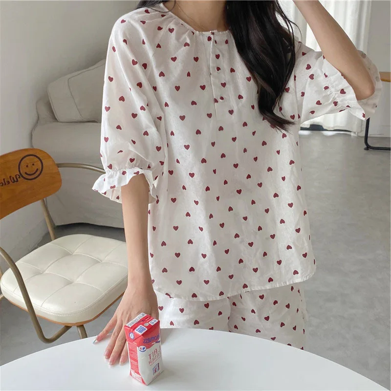 Pajama Women's 2021 Summer New Korean Cotton Little Love Cute Pullover Suit Leisure Home Clothes Female Sleepwear Lady Nightwear