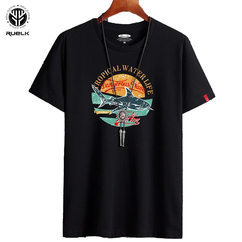 

Футболка с короткими рукавами RUELK, модная повседневная футболка в стиле хип-хоп с принтом акулы, свободный хлопковый топ размера плюс для му...