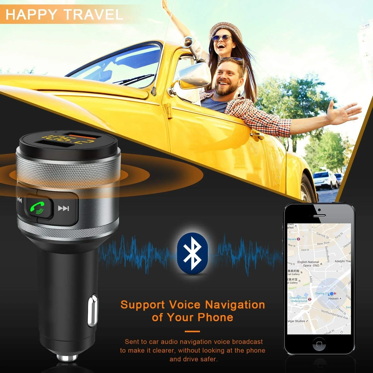 SRUIK Bluetooth fm передатчик QC3.0 автомобильный адаптер с двумя usb портами зарядное
