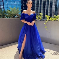 royal blue evening dresses long luxury 2021 v neck flowers off the shoulder side split prom gowns tulle vintage celebrity dress