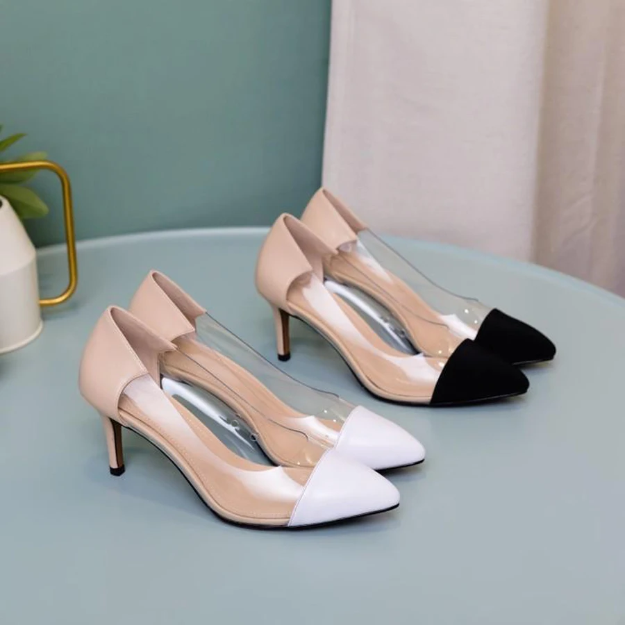 

Prova Perfetto Spring High Heel Shoes Women Pointed Toe Thin Heel Pumps Transparent Pvc Mix Real Leather Office Lady Shoes