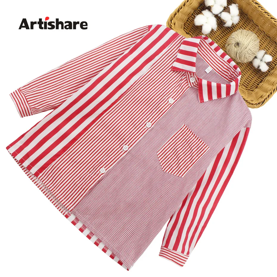 Рубашка для девочек полосатая Лоскутная Блузка Детская рубашка с отложным